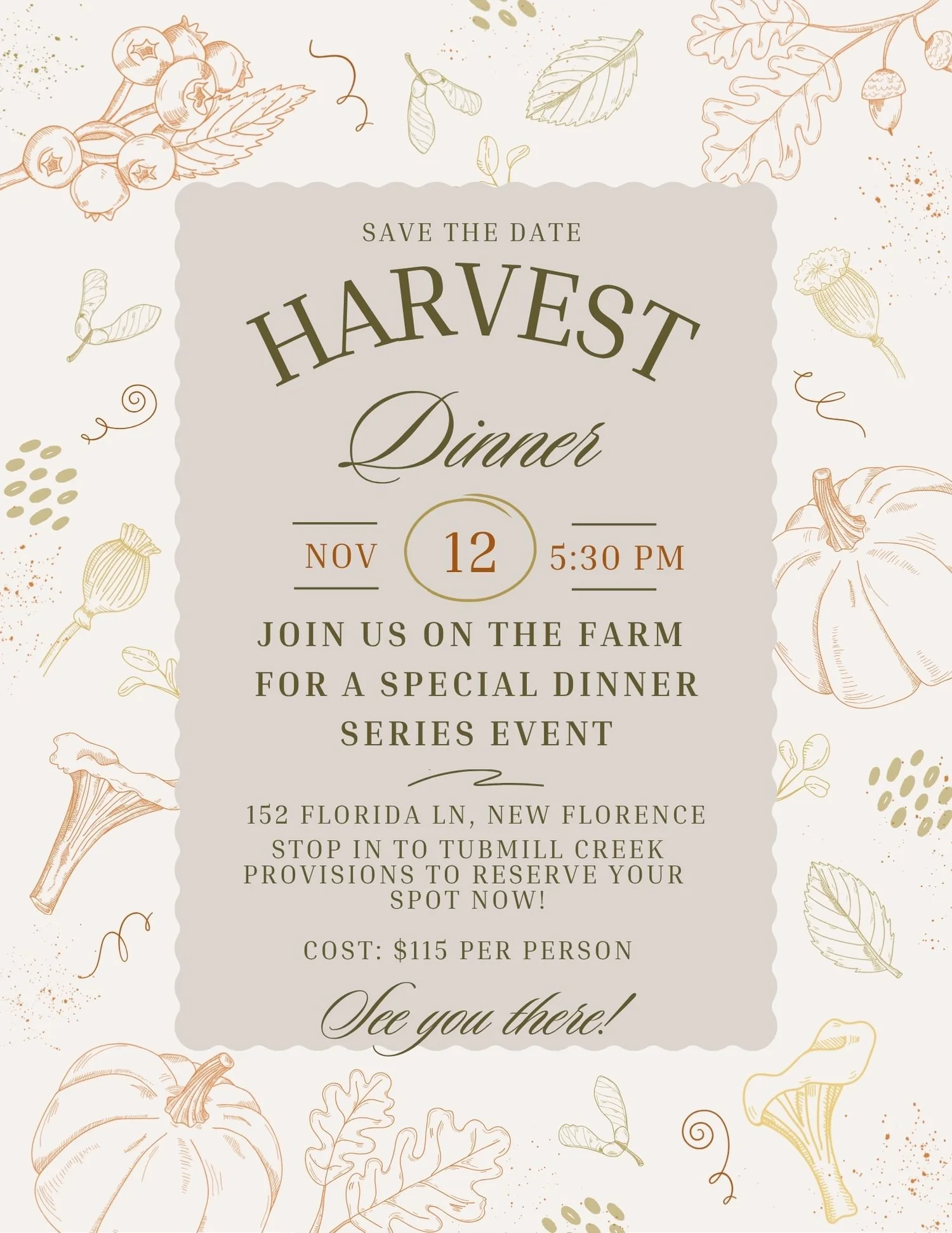 Harvest Dinner flyer — a past dinner series event on the farm in New Florence